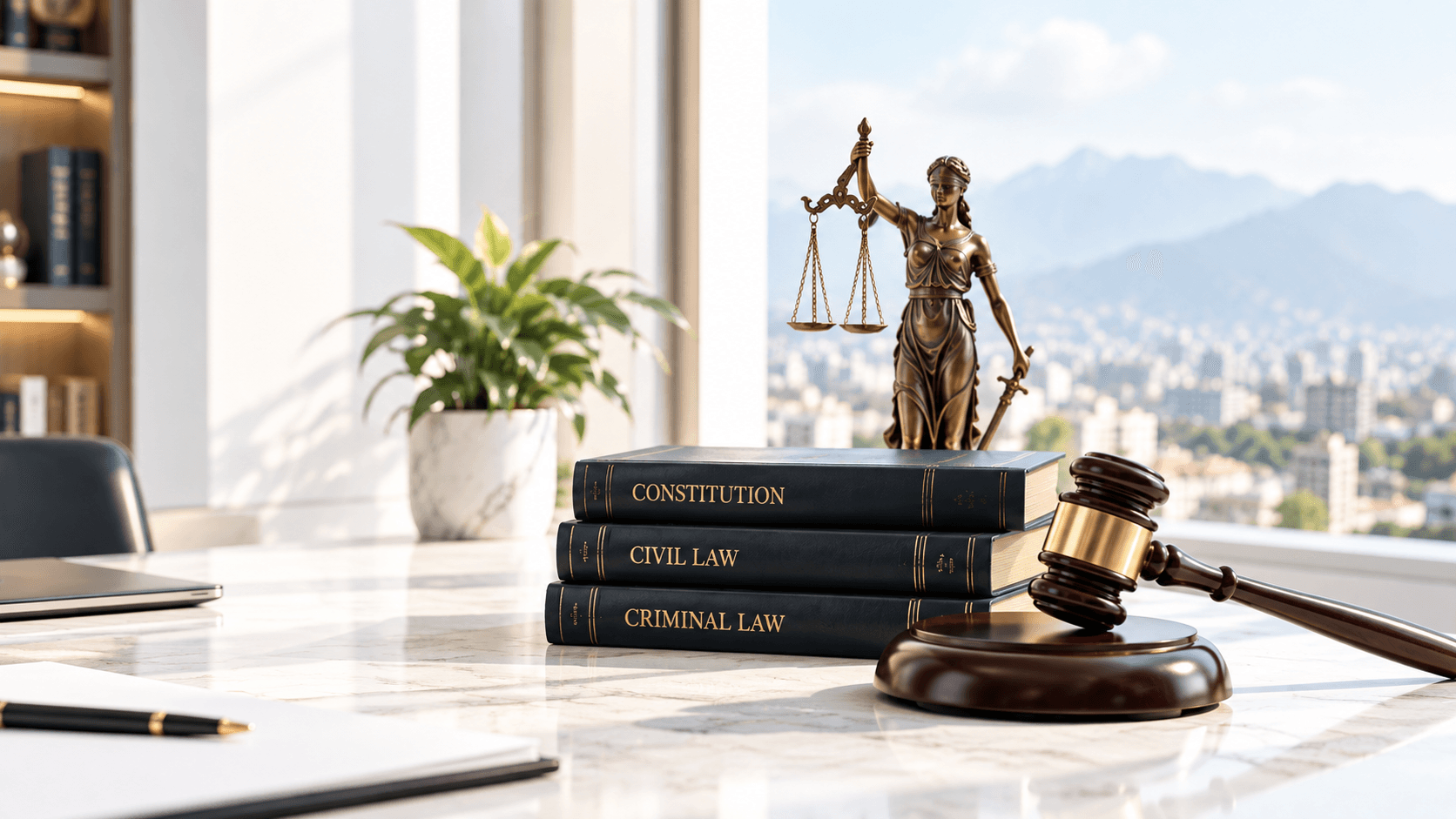 Statue of Lady Justice with scales beside law books and a gavel